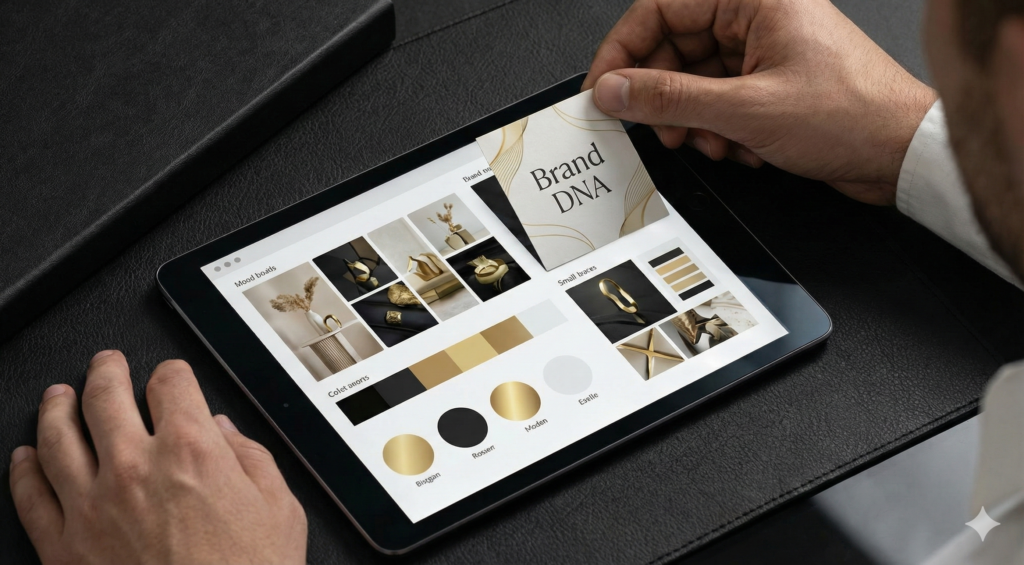 Onboarding stratégique : création de moodboard luxe et palette dorée pour les professionnels de la beauté, coiffeur, esthéticienne.