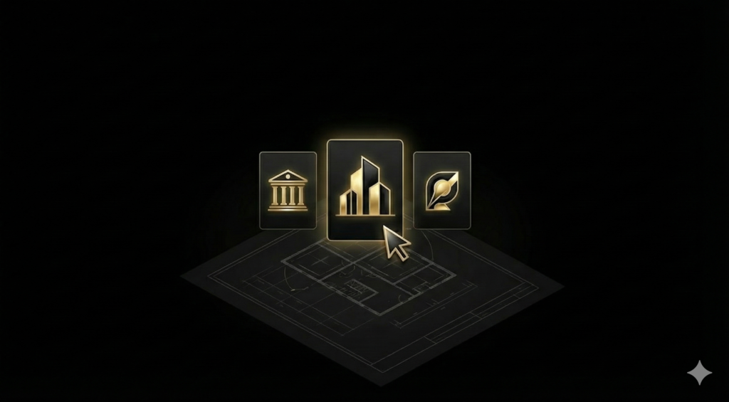 Architecture web GoldAura : sélection des modèles Aérien, Intense ou Distingué sur plan technique.