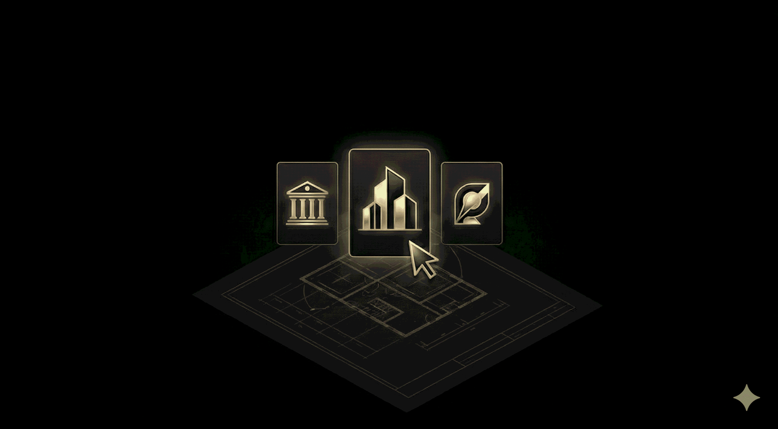 Architecture web GoldAura : sélection des modèles Aérien, Intense ou Distingué sur plan technique.