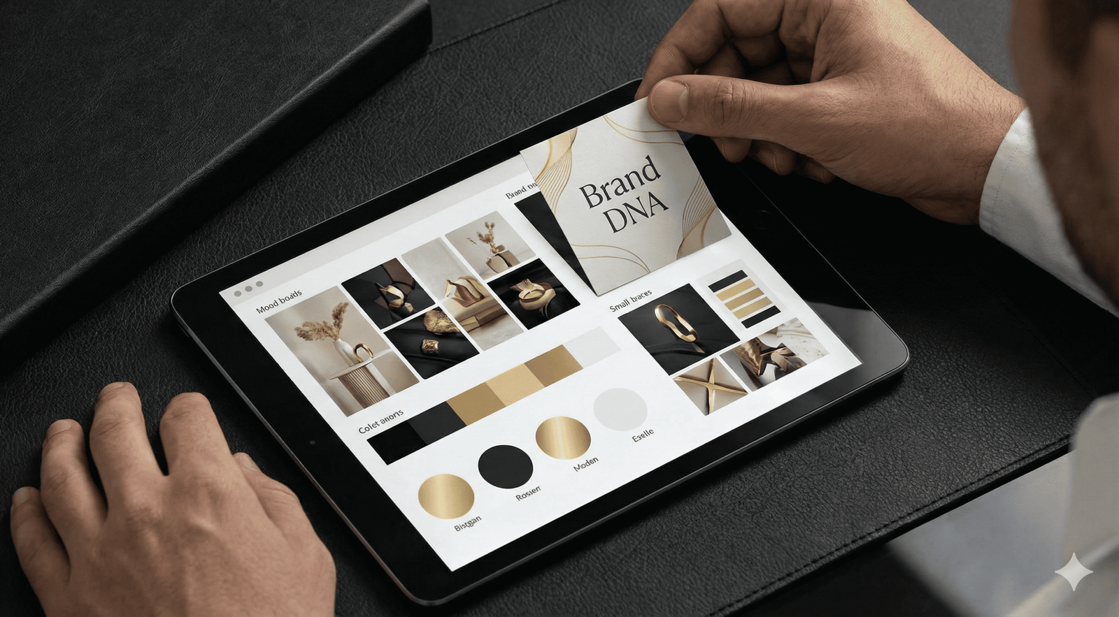 Onboarding stratégique : création de moodboard luxe et palette dorée pour les professionnels de la beauté, coiffeur, esthéticienne.