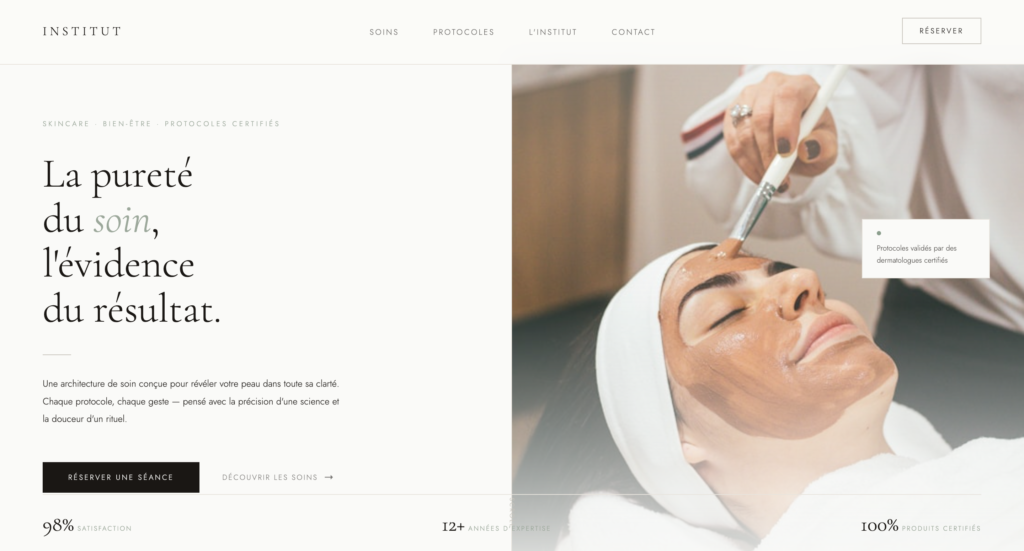 Modèle d'architecture web Aérien : un design épuré, lumineux et minimaliste pour les instituts de beauté à Genève privilégiant la clarté et la sécurité.